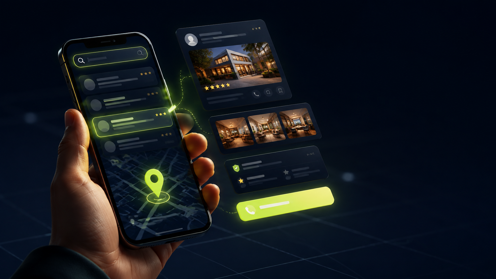 Pessoa pesquisando um negócio local no celular, com perfil, avaliações, imagens e botão de contato